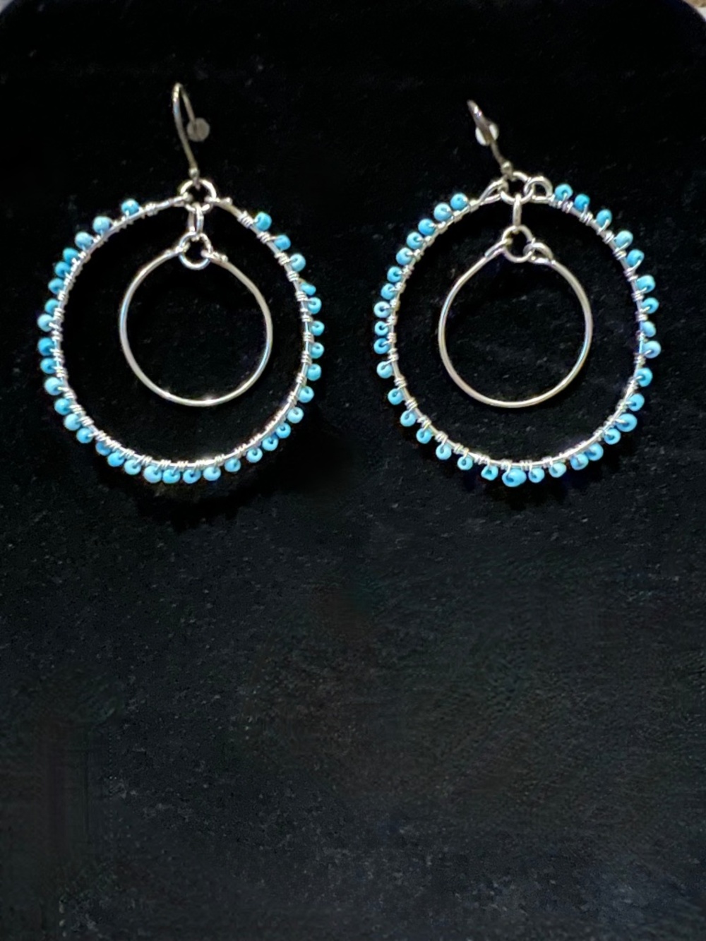 Boho Turquoise Bead Earrings Hoop in Hoop Silver Plate Floating Hoop Fishhook Bk